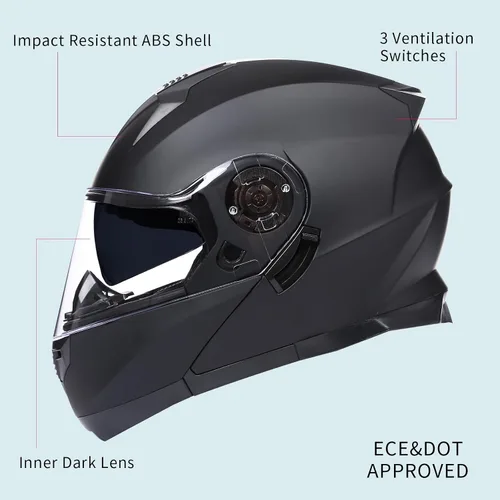 Vista 3 de Casco de motocicleta GJH para hombres y mujeres, casco modular para motocicleta con visera abatible, lente anti-vaho, doble para cascos