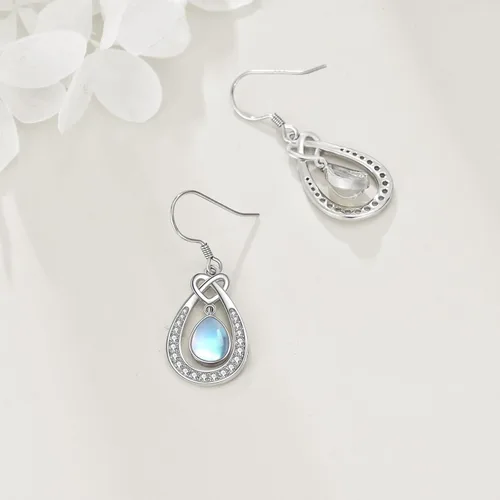Vista 4 de Aretes de piedra lunar celta para mujer, plata de ley 925, nudo de trinidad, piedra lunar, aretes colgantes con cierre de palanca, regalo de joyería