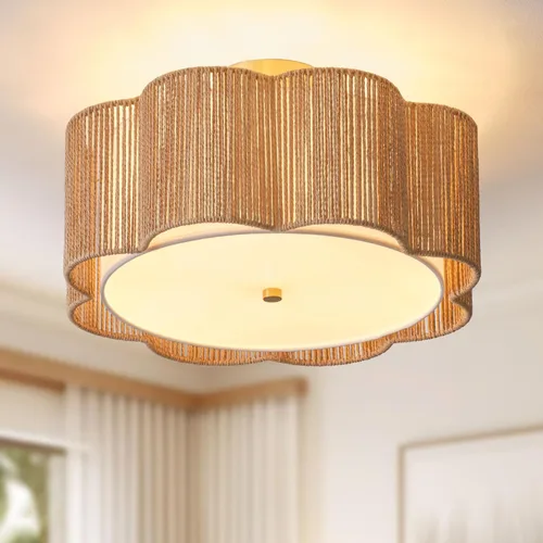 Vista 9 de Lámparas bohemias de 13.6 pulgadas de montaje empotrado, 3 luces de ratán para techo, montaje empotrado dorado para dormitorio, en forma de flor
