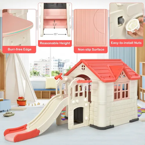 Vista 4 de Costzon Juego de casa de juegos y tobogán para niños, casa de juegos 7 en 1 al aire libre con puertas y ventanas de trabajo, mesa de picnic, juego