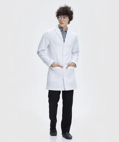 Vista 4 de Dr. James Abrigo de laboratorio para hombre, ajuste a medida, bolsillos para smartphone y tablet, blanco, 38 pulgadas de largo, Blanco