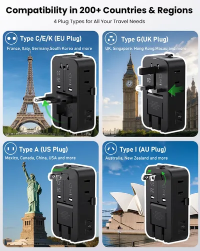 Vista 2 de Adaptador de enchufe de viaje universal, 7 puertos (2 USB-C, 2 USB-A, 3 CA), adaptador de corriente internacional, adaptador de corriente ultrafino