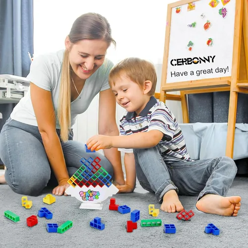 Vista 3 de CERBONNY Juego de 48 bloques apilables de torre Tetra, juegos de mesa para familias, fiestas, viajes y construcción de equipos, adecuado para 1-4