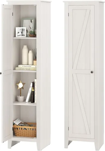 Vista 10 de Giantex Gabinete de Almacenamiento Alto Independiente Torre de Almacenamiento de Piso con Cuatro Estantes y Una Sola Puerta, Gabinete Estrecho