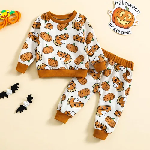 Vista 7 de Conjunto de sudadera de manga larga con estampado floral de calabaza y pantalones para bebé niña