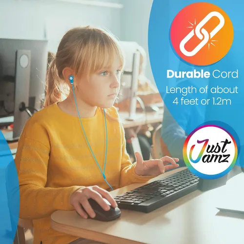 Vista 4 de JustJamz Paquete de 200 auriculares a granel para el aula, incluye 100 auriculares multicolor y 100 blancos con cable con conector de 0.138 in
