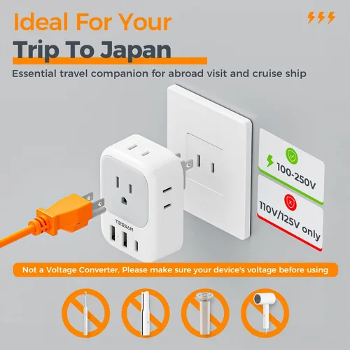 Vista 5 de TESSAN Adaptador de 2 clavijas a 3 clavijas, extensor de enchufe múltiple con 4 tomas, 3 puertos USB (1 USB C), viaje tipo A para EE. UU. a Japón