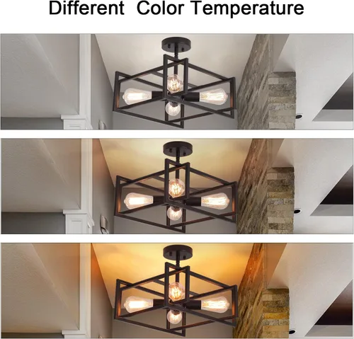 Vista 9 de Lámpara de techo semiempotrada de metal, lámpara de techo industrial negra de 4 luces, estilo rústico, vintage, para cocina, isla, pasillo, comedor