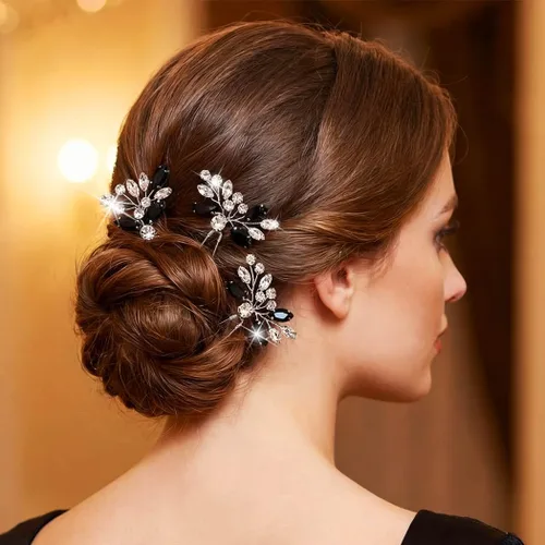 Vista 7 de Unicra Horquillas para el pelo de cristal negro plateado con diamantes de imitación, piezas de pelo de novia, accesorios para novias y mujeres