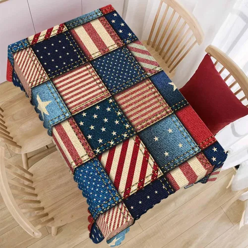 Vista 2 de [Usado] Mantel de bandera estadounidense para mesas rectangulares, retazos de mezclilla de bandera estadounidense, cubierta de mesa de picnic