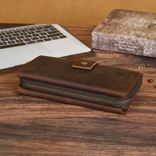 Vista 49 de Genuino Caballo Loco Cuero Regalo de Viaje Moneda Bolsillo Tarjetero Organizador Largo Cadena Rfid Cartera Monedero Con Broche Para Hombres Hombres