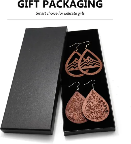 Vista 7 de Aretes de lágrima de madera, 2 pares de aretes colgantes de madera natural, regalos para mujeres y niñas