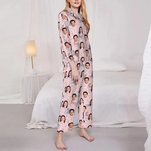 Vista 4 de Pantalones de pijama personalizados para mujeres y hombres, pijamas de franela personalizadas con foto de cara, pantalones de pijama personalizados
