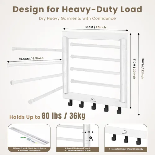 Vista 6 de Estante de Secado de Bambú para Montaje en Pared para Lavandería – Secadora de Ropa Plegable Colapsible con 8 Brazos y 5 Ganchos, Colgador Secador