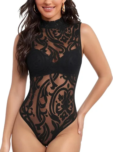 Vista 3 de Lrady Women's Short Sleeve Bodysuit Mesh Sheer Going Out Tops K#1 Negro