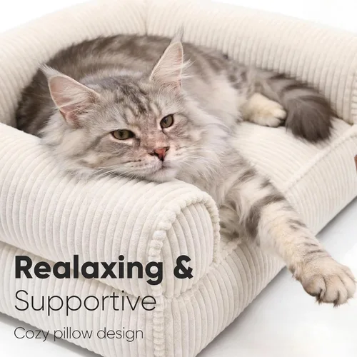 Vista 2 de FUKUMARU Sofá cama para perros, acogedora cama de pana para gatos de interior con funda lavable, cama ortopédica impermeable de 28 pulgadas