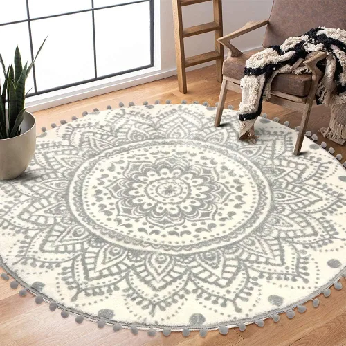 Vista 9 de Uphome Alfombra Redonda Pequeña de 2' Boho Beige y Gris Alfombra de Baño con Pompones y Flecos Lavable Mandala Círculo Tapete de Ducha Suave Mandala
