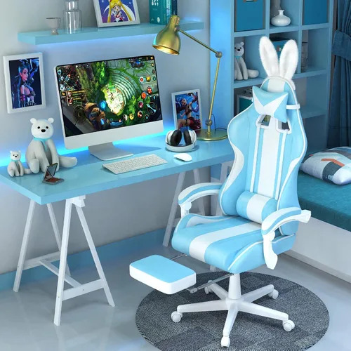 Vista 2 de Ferghana - Silla de juego Kawaii en azul claro con orejas de conejo, silla Gamer ergonómica y linda con reposapiés y masaje, silla de juego