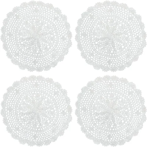 Vista 8 de PHANTOMON Manteles individuales redondos de punto de encaje de algodón hechos a mano, diseño de estrellas, borde ondulado, paquete de 4