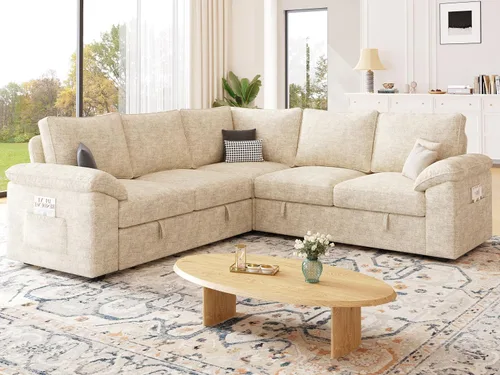 Vista 2 de Sofá Seccional Modular de 85 Pulgadas con Cama Extraíble, Sofá Cama Seccional en Forma de L de 5 Asientos con Almacenamiento, Sofás Seccionales