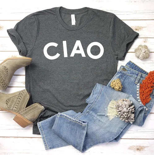 Vista 5 de CIAO - Camiseta francesa para mujer, camiseta casual con gráficos, camiseta de manga corta, camiseta de despedida, color malva jaspeado