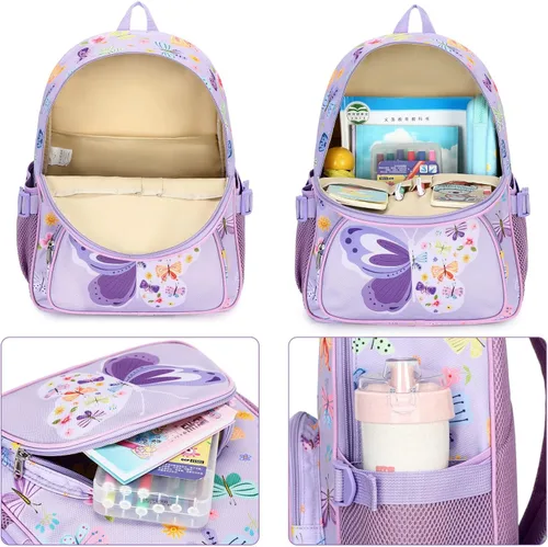 Vista 7 de Mochila para niños, mochila escolar para niñas y preescolar, mochila de unicornio para niños pequeños con clip para el pecho, púrpura
