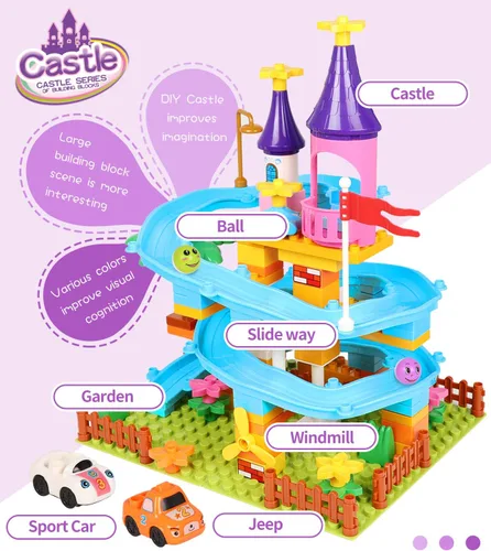 Vista 5 de Juego de construcción de juguetes de Marble Run, 86 piezas de bloques de construcción de castillo para mayores de 3 años, juguetes de construcción