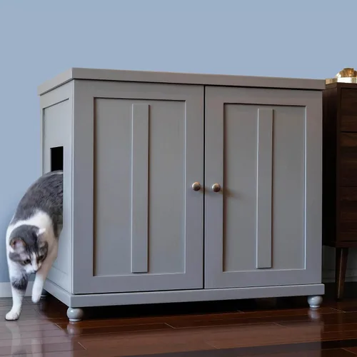 Vista 11 de THE REFINED FELINE Armario de caja de arena para gatos, agitador, gris humo, niveladores ajustables, grande, muebles ocultos para gatos con cajón