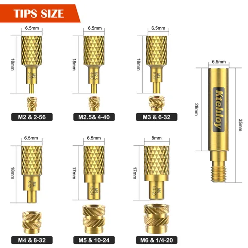 Vista 6 de 513 insertos roscados métricos con puntas de inserción de calor, M2 M2.5 M3 M4 M5 M6 Rosca hembra Kit surtido de tuercas moleteadas para plástico