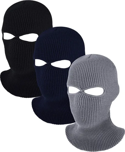 Vista 9 de Blulu Paquete de 3 máscaras de esquí con 2 agujeros, máscaras de invierno tejidas, pasamontañas cálidas y con protección contra el viento para Negro