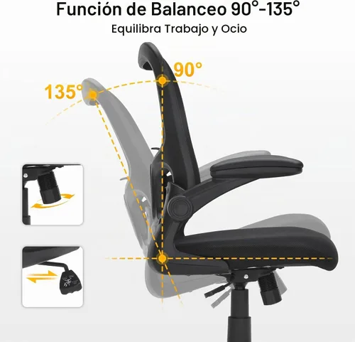 Vista 7 de Silla de oficina ergonómica de malla, soporte lumbar ajustable, brazos abatibles, silla giratoria para computadora con respaldo transpirable