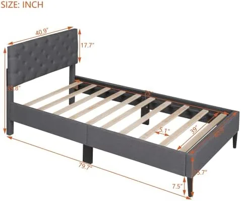 Vista 2 de Marco de cama de plataforma de tamaño individual, marco de cama tapizado de lino de diseño moderno con cabecera copetuda, cama de almacenamiento