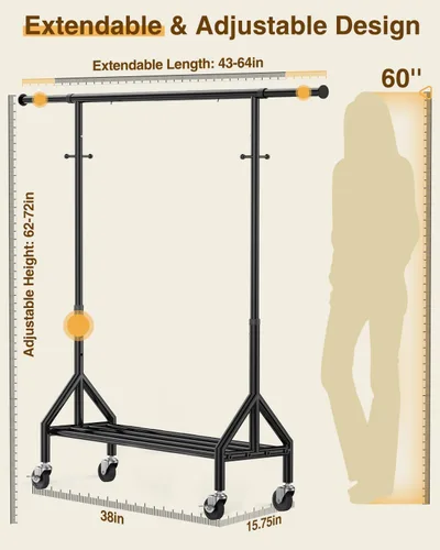 Vista 5 de Perchero de ropa resistente con carga de 520 libras, perchero ajustable con ruedas resistentes, percheros industriales de metal para colgar ropa