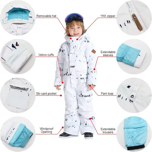 Vista 5 de Chaqueta de esquí para niños, trajes de esquí para niños y niñas, resistente al viento, cálido, ropa de esquí de una pieza, traje de nieve para niños