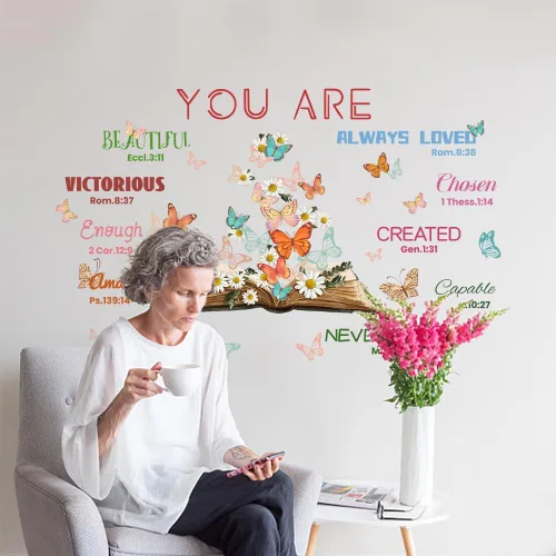 Vista 4 de SUPERDANT Calcomanías de pared con texto bíblico, diseño de mariposas, libro de mariposas, calcomanías de pared con texto en inglés "You are