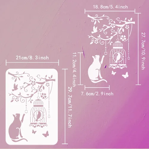 Vista 2 de FINGERINSPIRE Plantilla de pintura de gato de 8.3 x 11.7 pulgadas, plantilla de dibujo reutilizable para gatos y pájaros, arte de bricolaje, flores