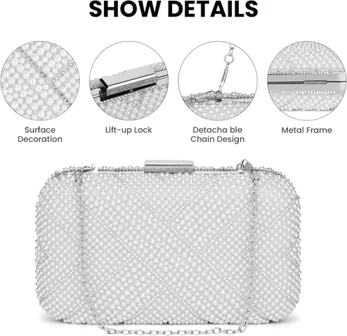 Vista 3 de UBORSE Bolsos de noche de perlas artificiales para mujer, elegante bolso formal con cadena para fiestas de boda