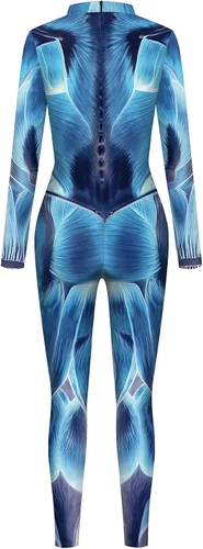 Vista 4 de Disfraz divertido de Halloween para hombre, diseño de esqueleto, overol para cosplay Azul