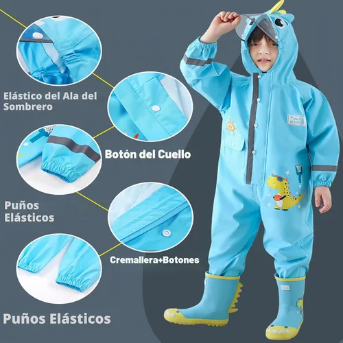 Vista 3 de Traje impermeable de una pieza para niños y niñas Fewlby, para lluvia, talla S-XL, 1-6 años Azul