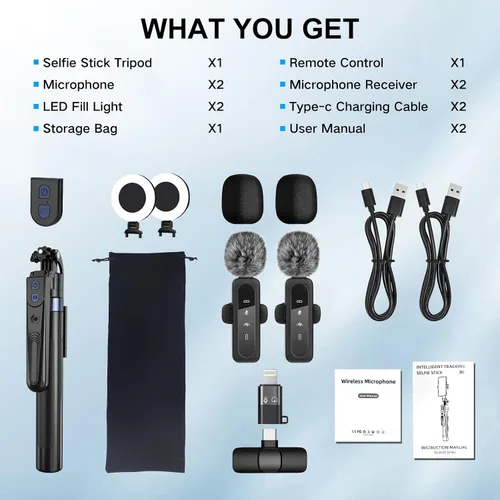 Vista 6 de Content Creator - Kit de vlogging para iPhone/Android, trípode de seguimiento facial automático de 70 pulgadas para iPhone con micrófonos ligeros e