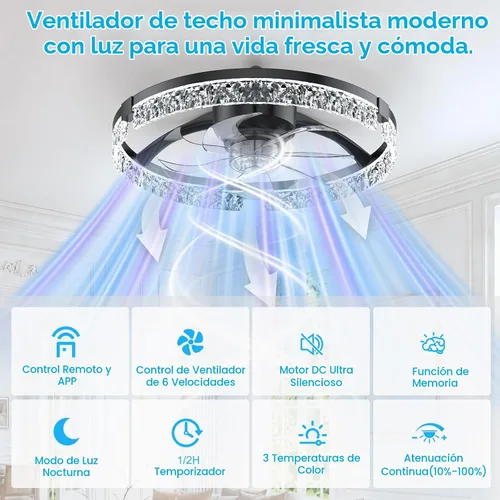 Vista 7 de Ventiladores de techo con luces y control remoto, ventilador de vidrio negro.