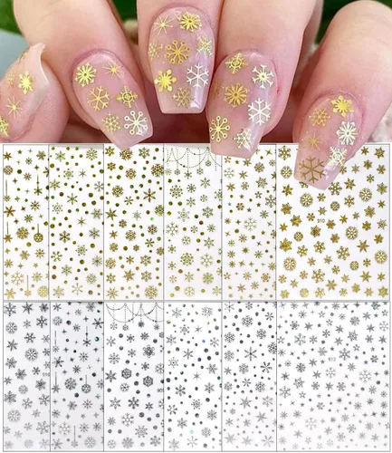 Vista 7 de 12 hojas de calcomanías de arte de uñas de copo de nieve de Navidad, suministros de uñas doradas, calcomanías de uñas de copo de nieve, copos