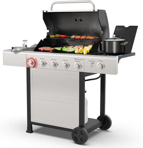 Vista 10 de Kenmore Parrilla de gas propano para barbacoa, 5 quemadores con quemador lateral y zona de sellado, parrilla de acero inoxidable de 644 pulgadas