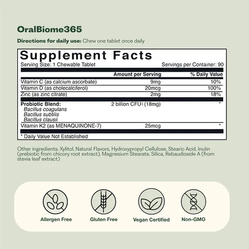 Vista 7 de OralBiome 365 Probióticos orales masticables 3 en 1 para respiración, inmunidad y salud intestinal Apoya los dientes y las encías, aumenta