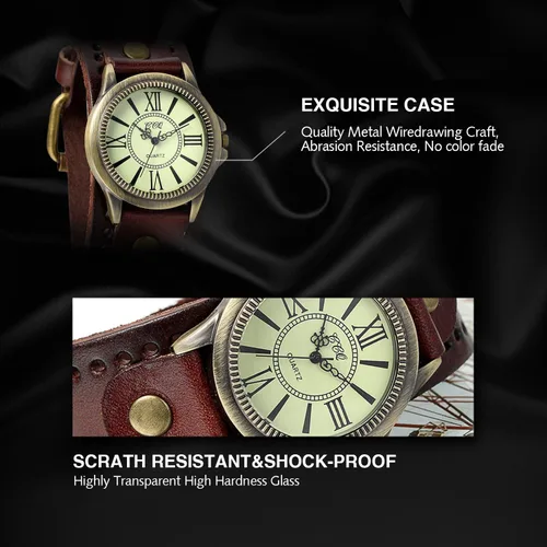 Vista 5 de Avaner Unisex Punk Retro bronce esfera redonda marrón ancho correa de cuero brazalete brazalete de números romanos relojes de pulsera analógicos
