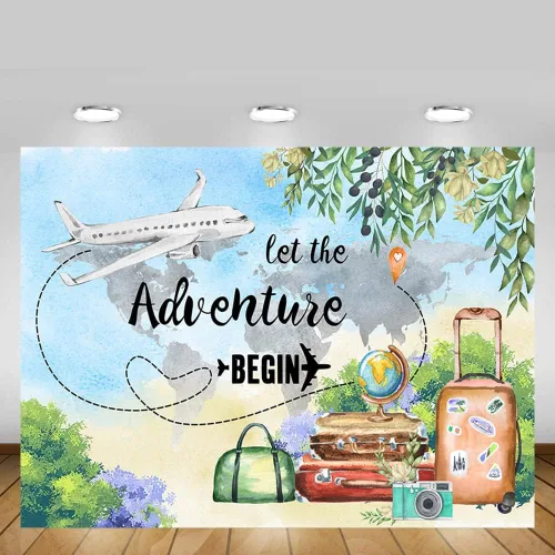 Vista 5 de MEHOFOND Let The Adventure Begin - Telón de fondo para baby shower, viaje, cumpleaños, graduación, fiesta de jubilación, pancarta de avión