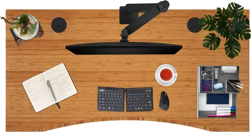 Vista 3 de UPLIFT DESK Bamboo Curve - Escritorio eléctrico de pie V2 (60 x 30 pulgadas), escritorio de pie ajustable de 4 patas, teclado avanzado, ojales