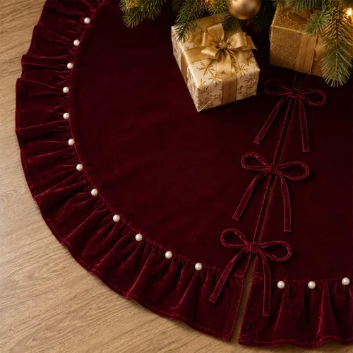 Vista 28 de Faldones de Felpa para Árbol de Navidad, 24 pulgadas, Lujosa Cubierta de Base de Árbol de Navidad de Piel Sintética Negra con Copos de Nieve Dorados