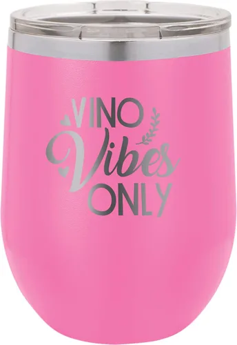 Vista 7 de CustomGiftsNow Vino Vibes Only - Stainless Steel Double-Wall Insulated 12-Ounce Truck Car Travel Coffee Cup Wine Tumbler Mug with Lid Light Blue
