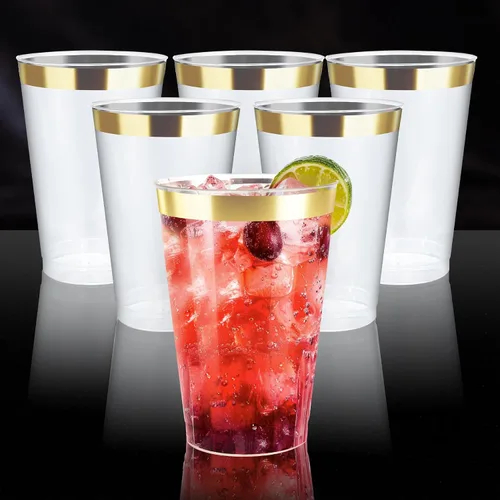 Vista 2 de Byvivace Vasos de plástico transparente de 12 onzas con borde dorado, resistentes y aptos para alimentos, desechables, copas de vino, copas de boda